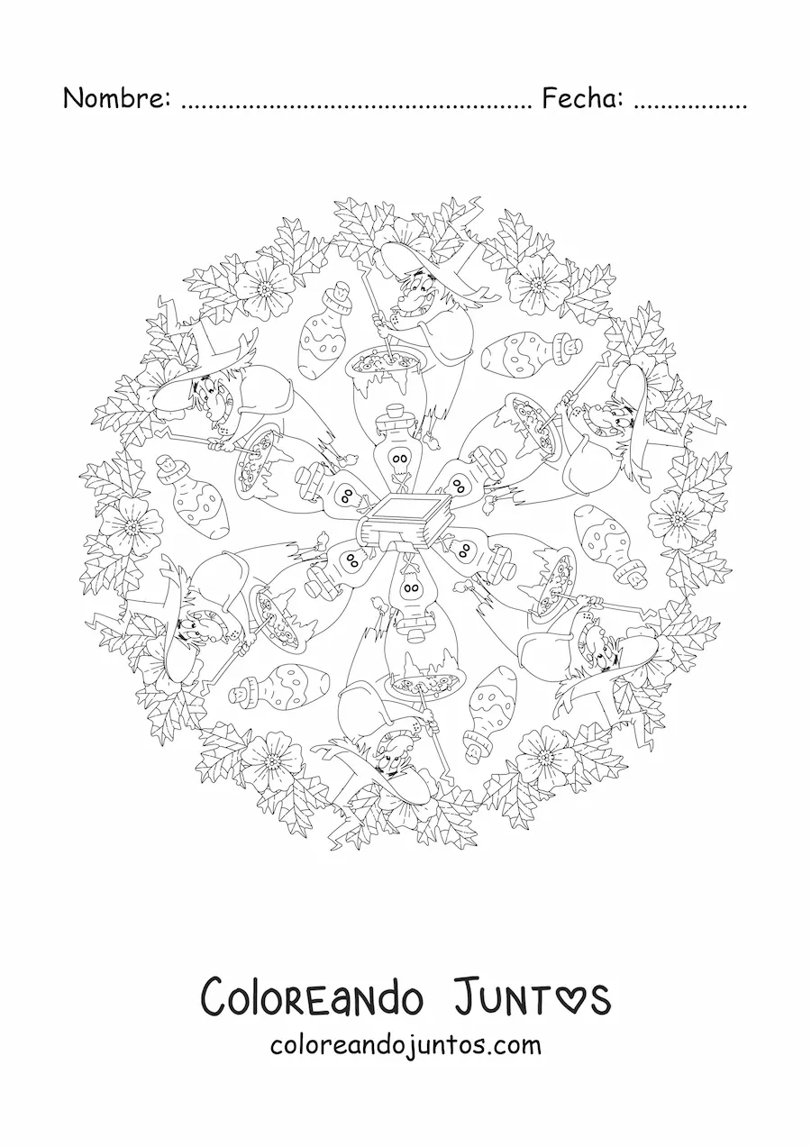 Imagen para colorear de mandala de Halloween con bruja y caldero