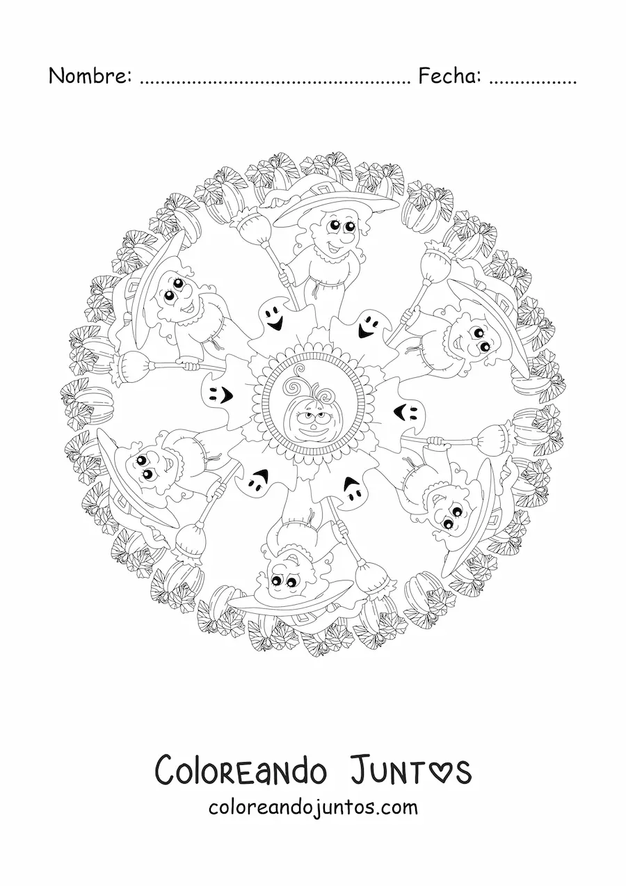 Imagen para colorear de mandala de Halloween con bruja y fantasmas