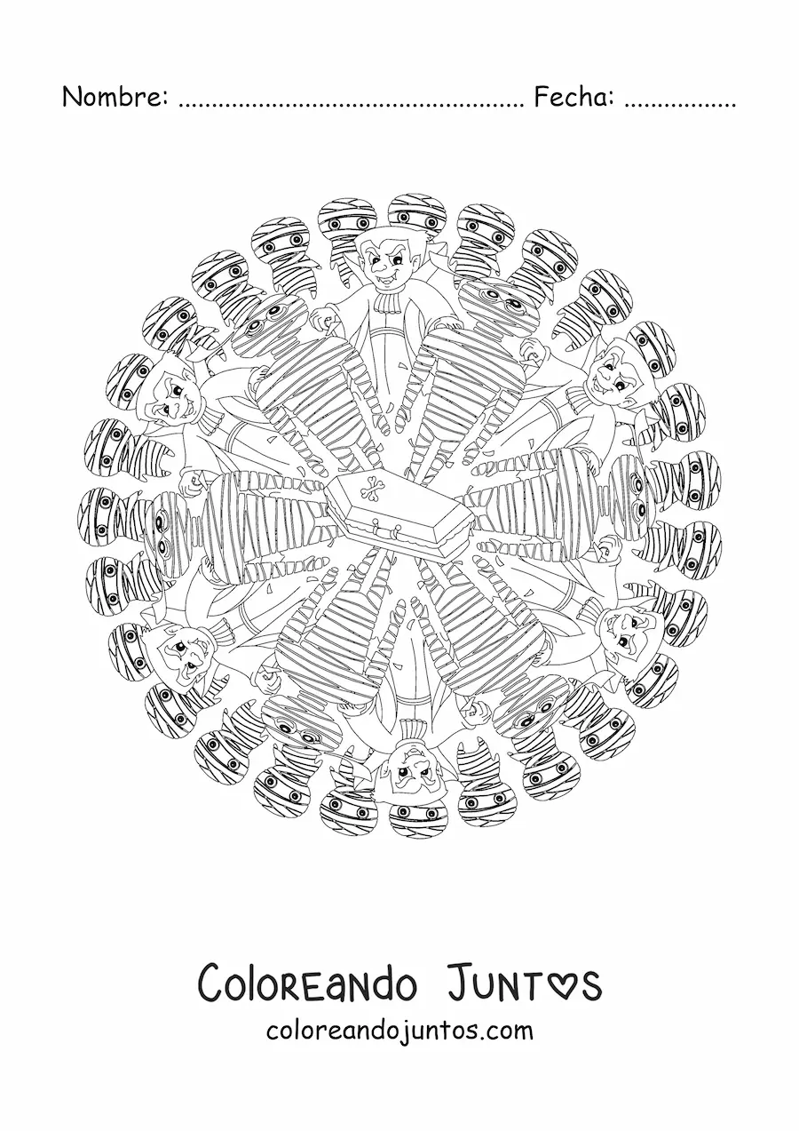 Imagen para colorear de mandala de Halloween con vampiro y momia