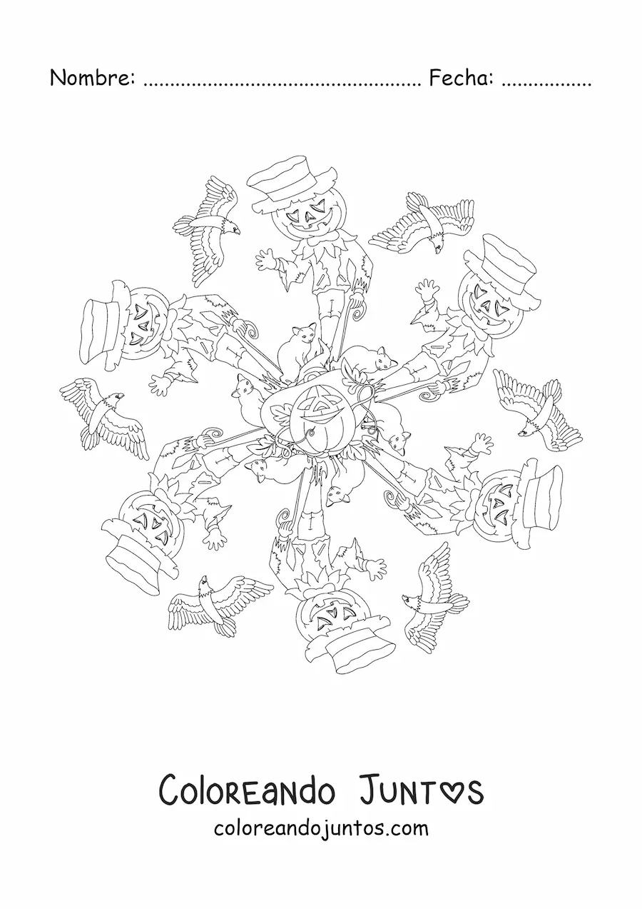 Imagen para colorear de mandala de Halloween con espantapájaros