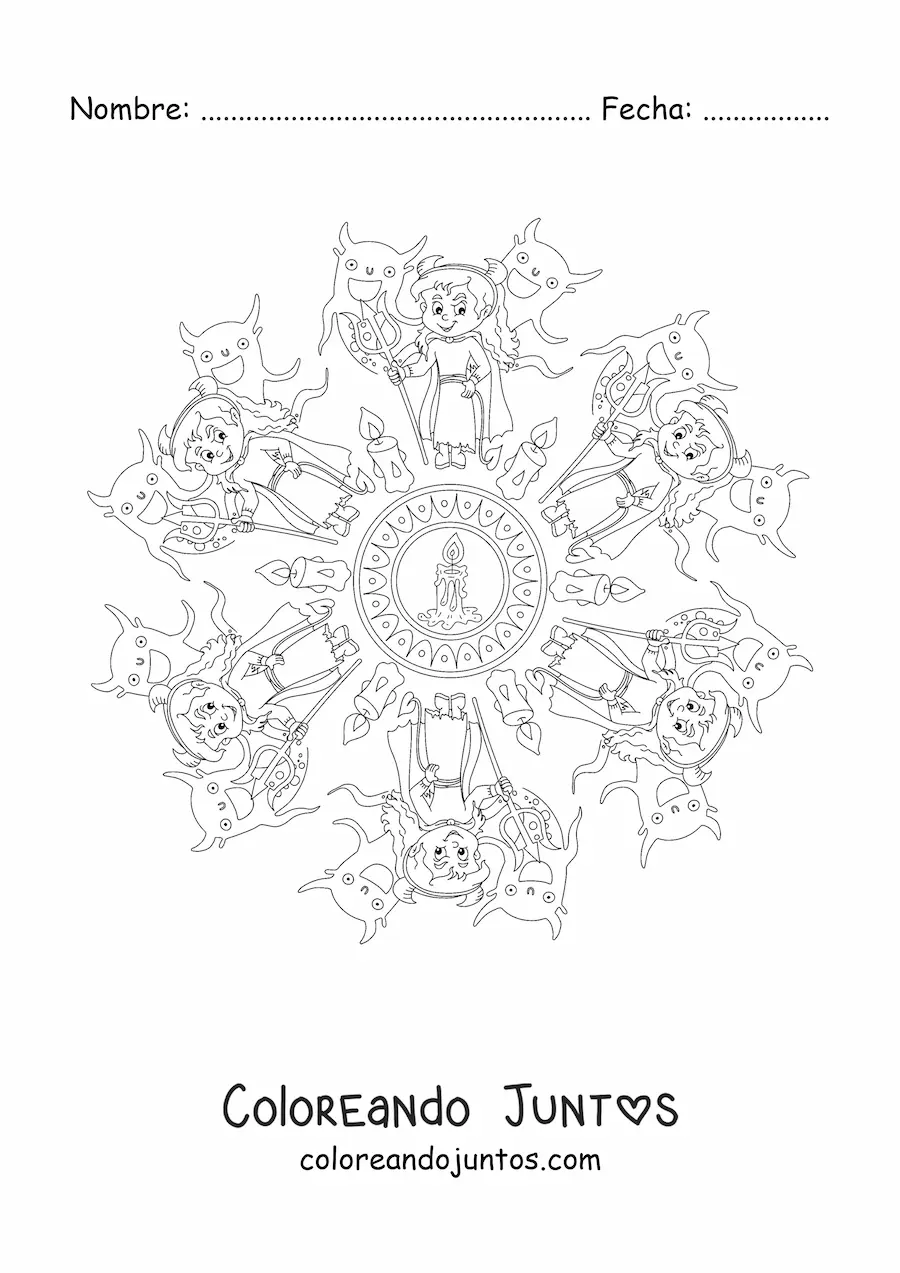 Imagen para colorear de mandala de Halloween con niña disfrazada