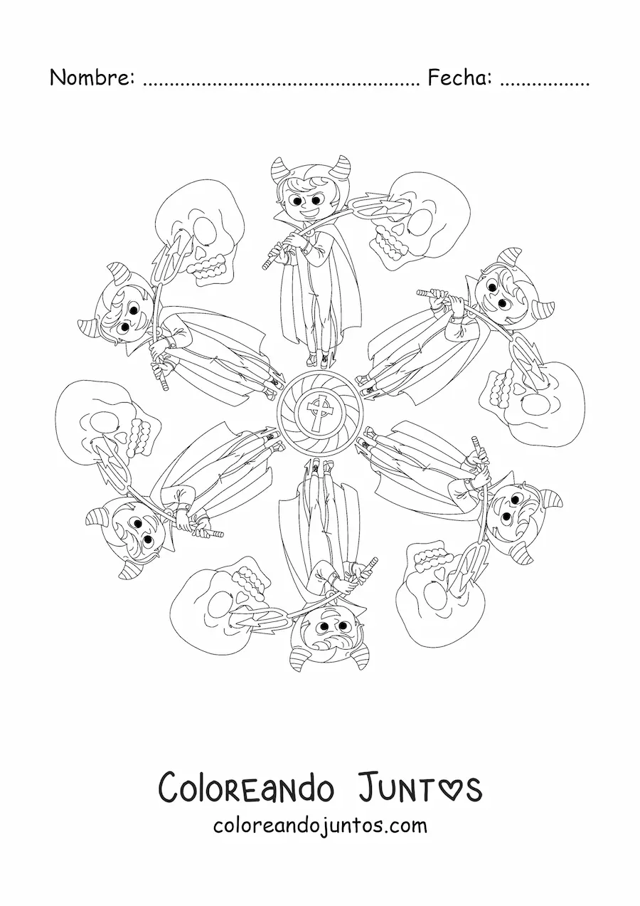 Imagen para colorear de mandala de Halloween con niño disfrazado
