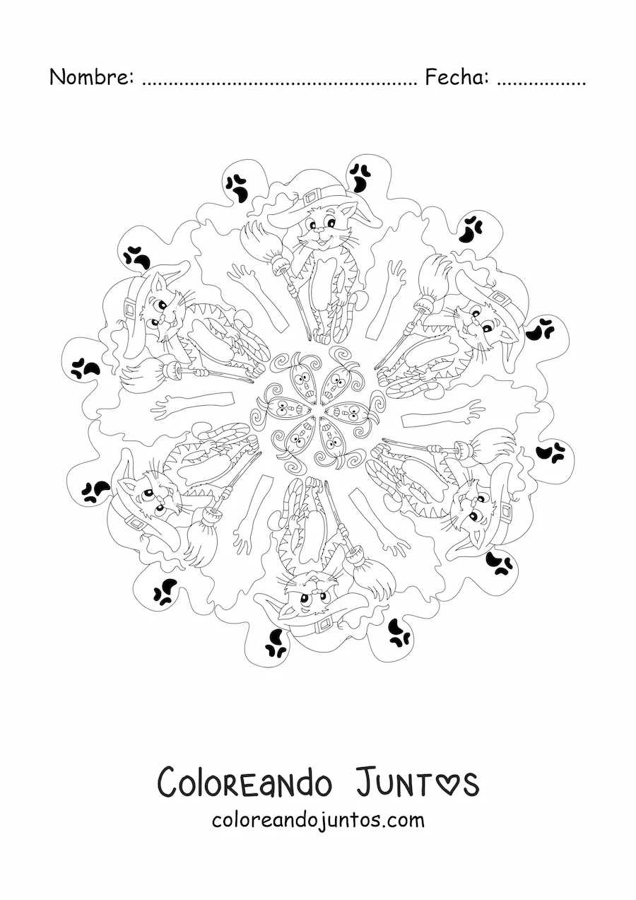 Imagen para colorear de mandala de Halloween con gato y fantasmas