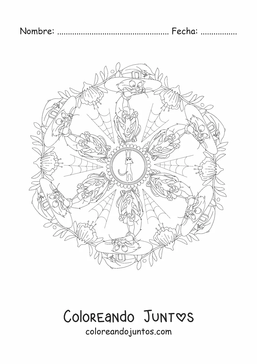 Imagen para colorear de mandala de Halloween con gato y telarañas