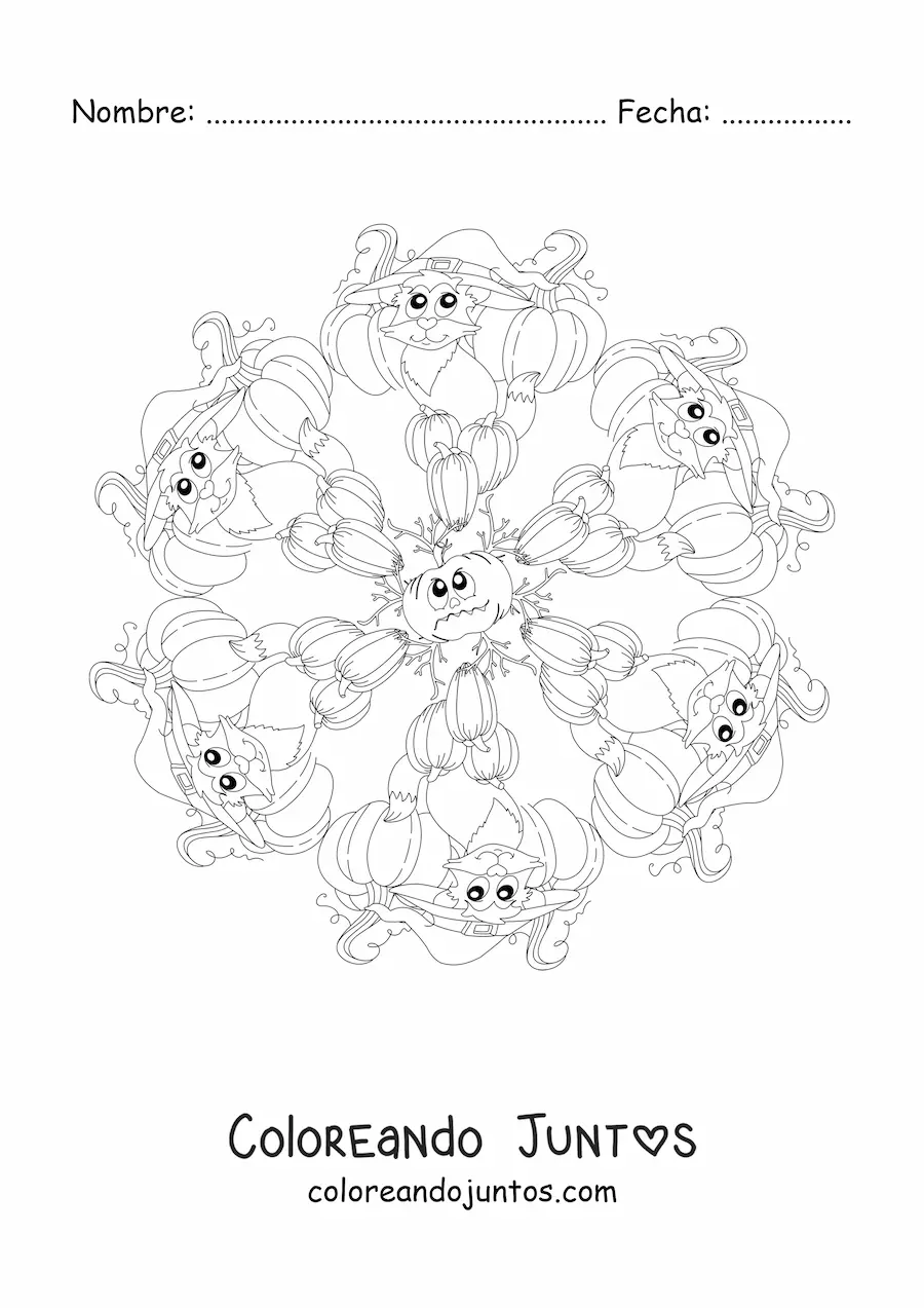 Imagen para colorear de mandala de Halloween con gato y calabazas