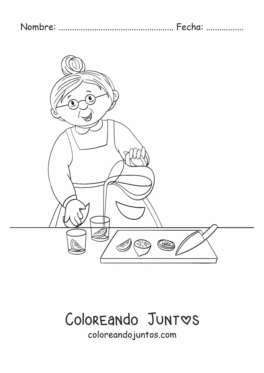 Imagen para colorear de una abuela haciendo limonada
