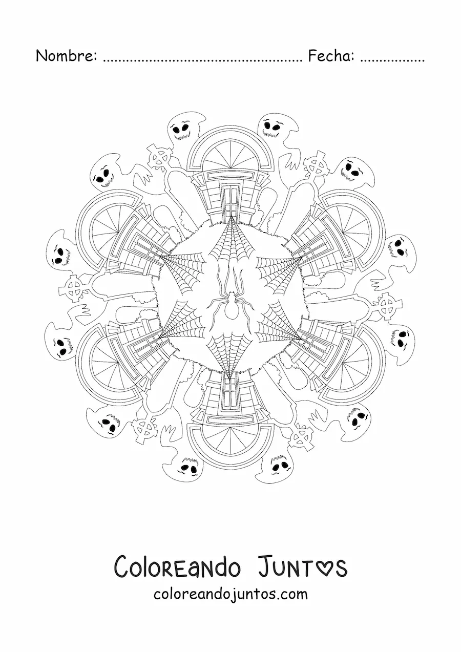 Imagen para colorear de mandala de Halloween con casa embrujada y fantasmas