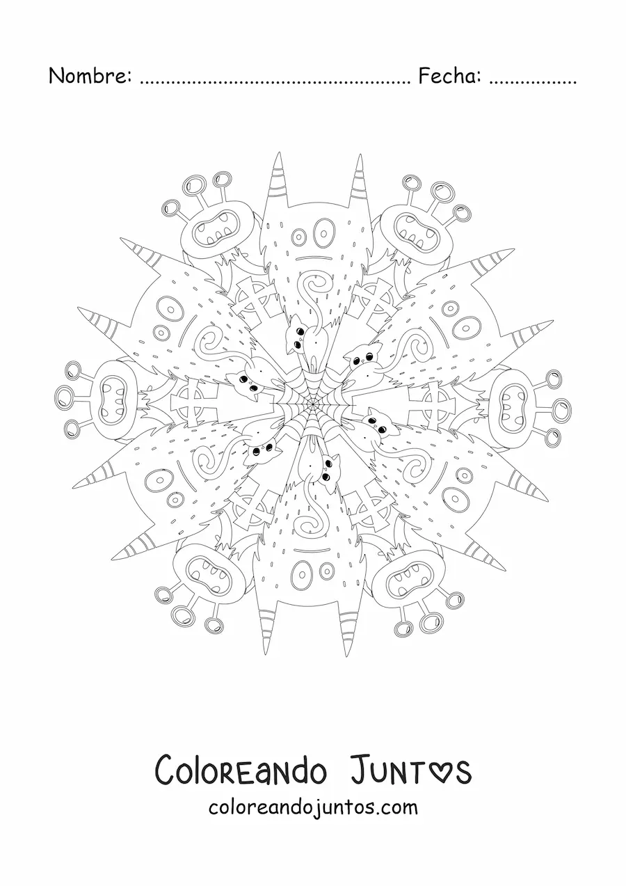 Imagen para colorear de mandala de Halloween con monstruos