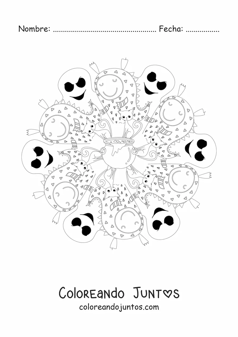 Imagen para colorear de mandala de Halloween con monstruos y fantasmas