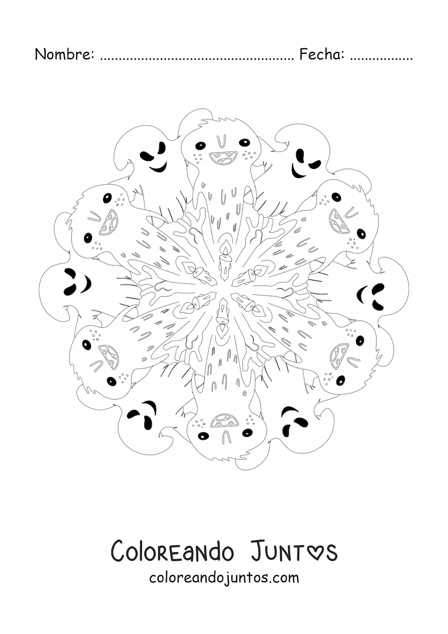 Imagen para colorear de mandala de Halloween con monstruos y fantasmas