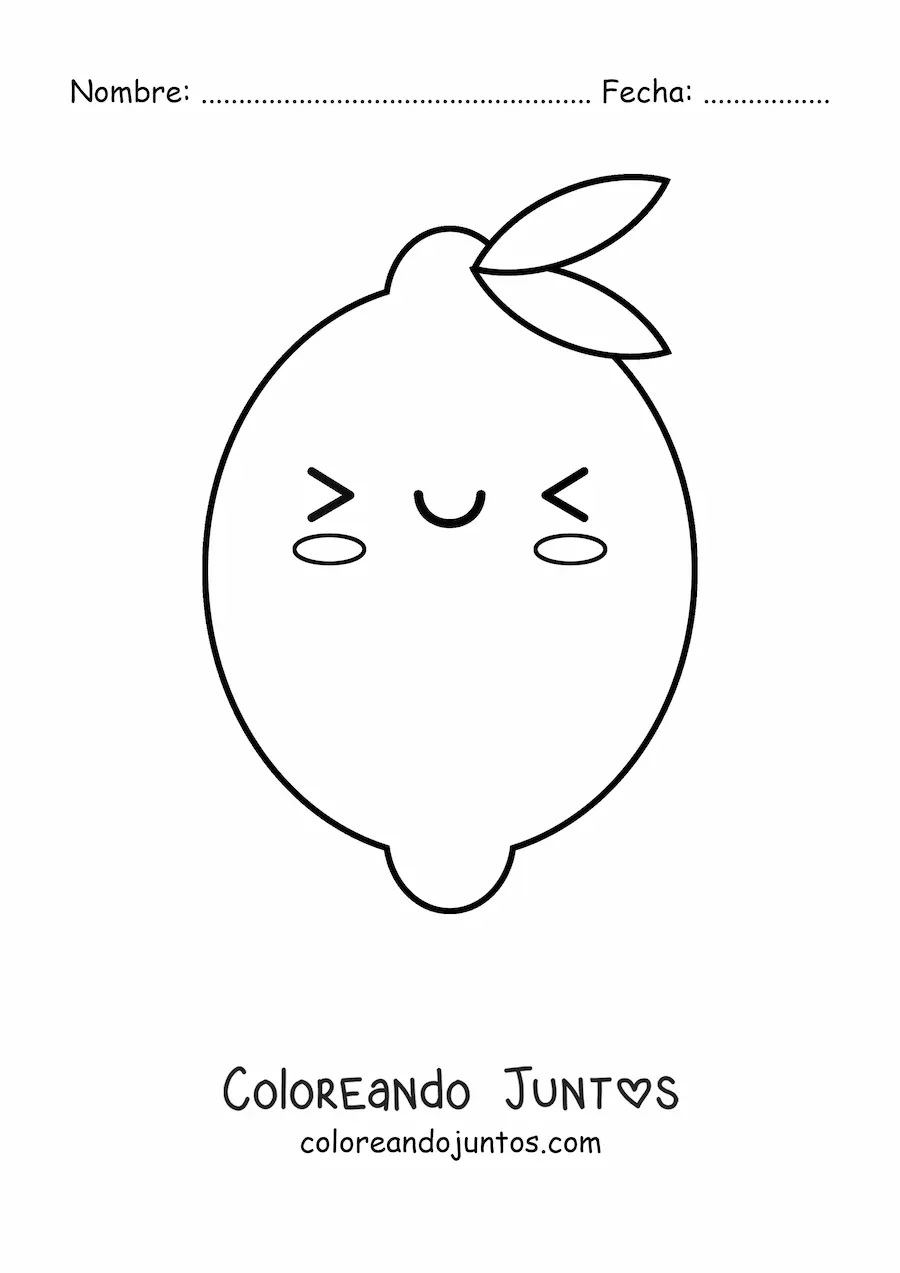 Imagen para colorear de un limón animado kawaii sonriendo con ojos cerrados