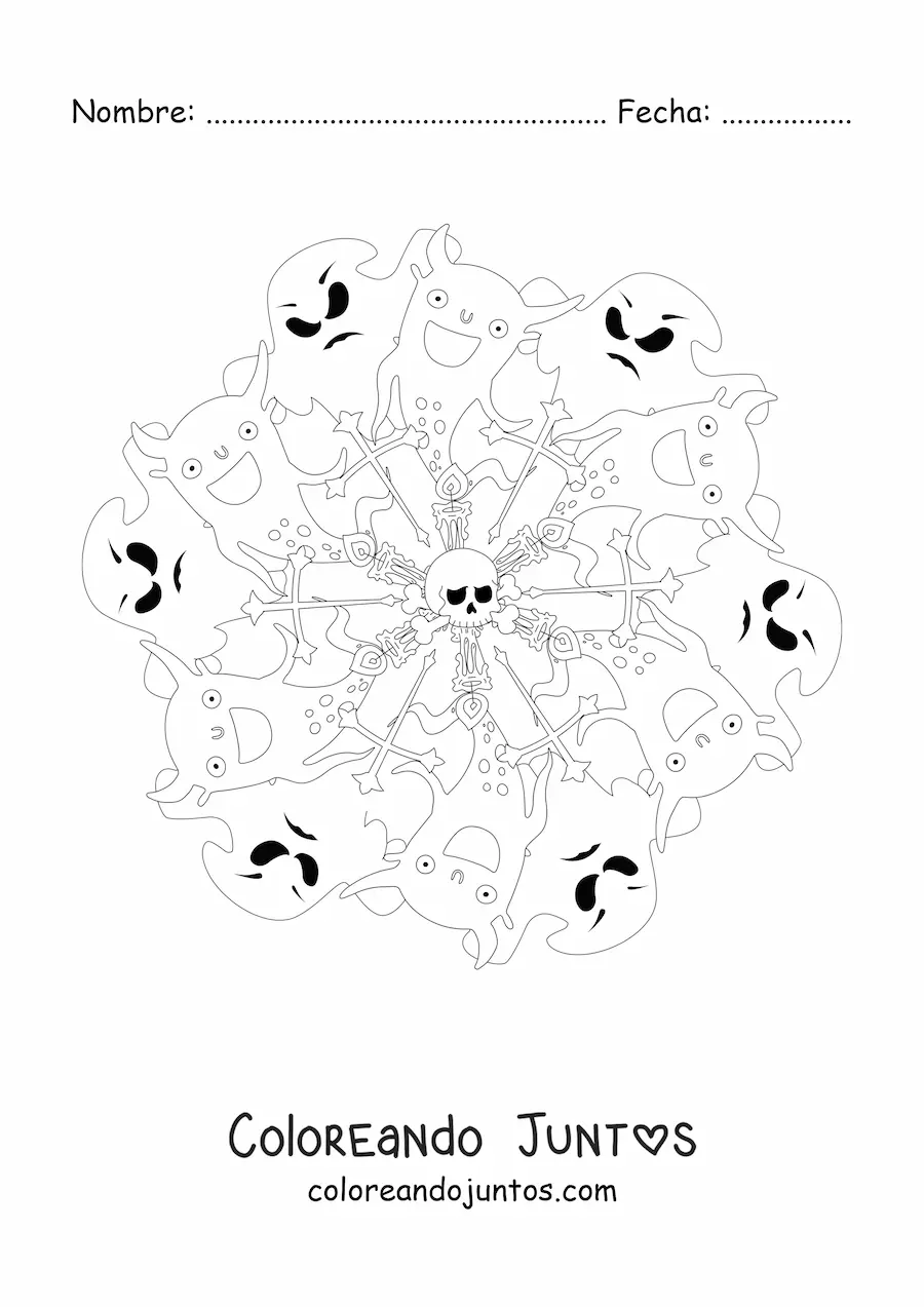 Imagen para colorear de mandala de Halloween con fantasmas