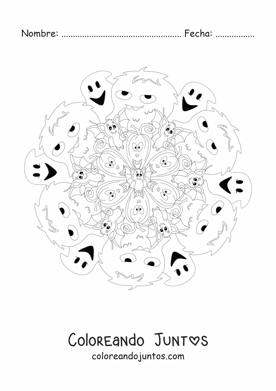 Imagen para colorear de mandala de Halloween con fantasmas