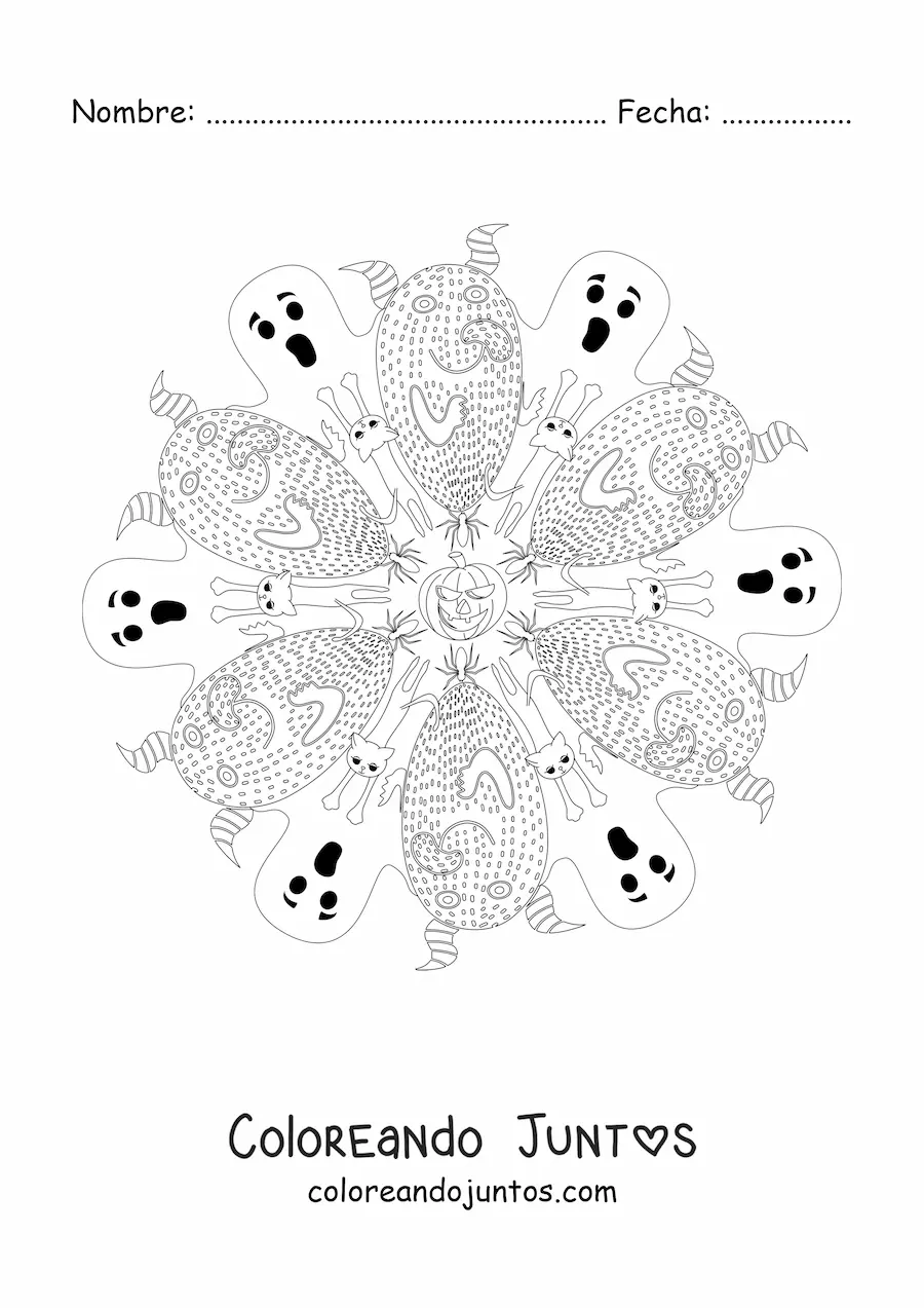 Imagen para colorear de mandala de Halloween con fantasmas