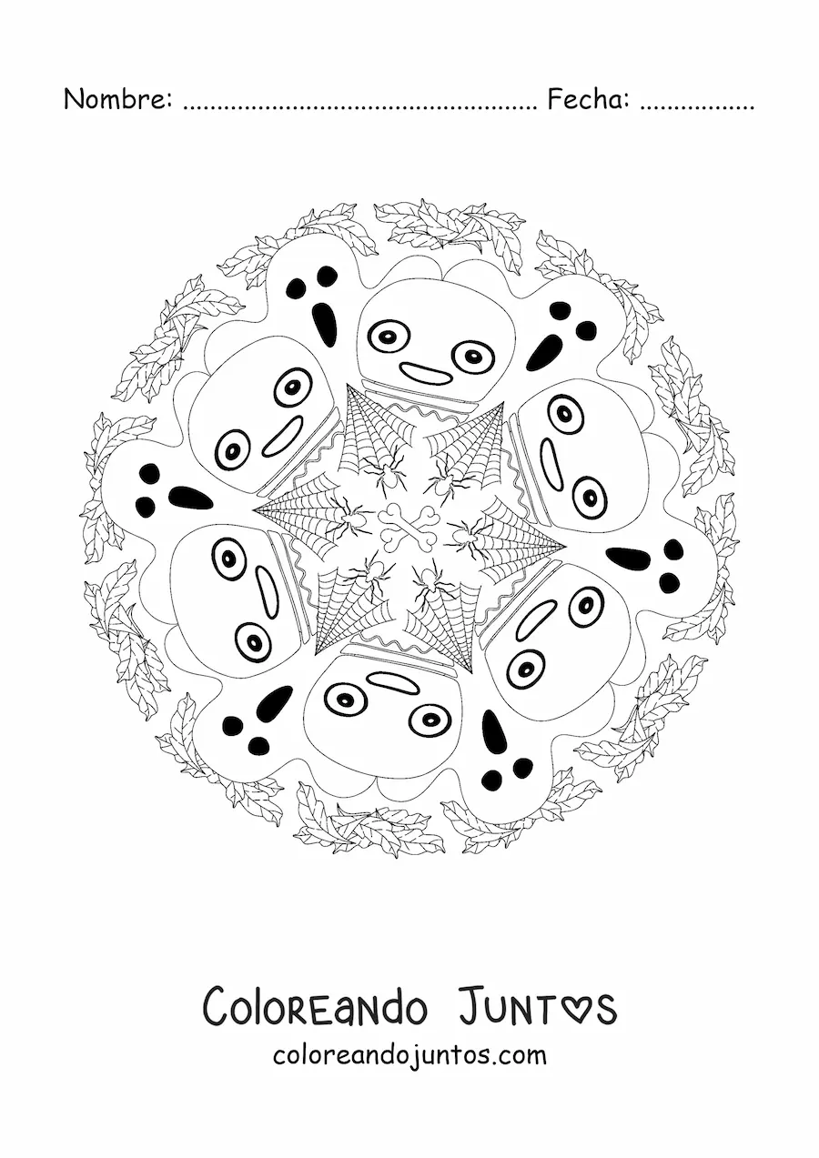 Imagen para colorear de mandala de Halloween con fantasmas