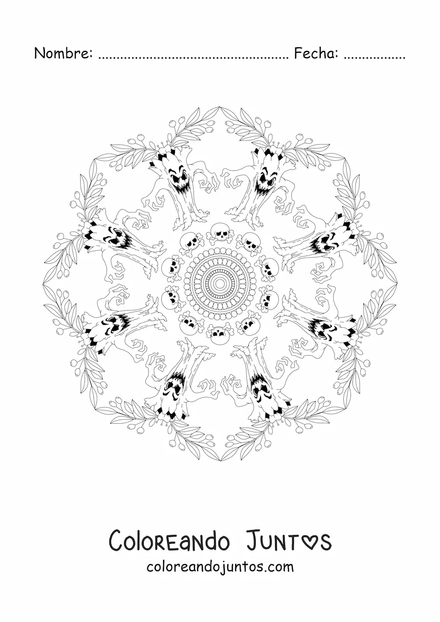 Imagen para colorear de mandala de Halloween con árbol embrujado