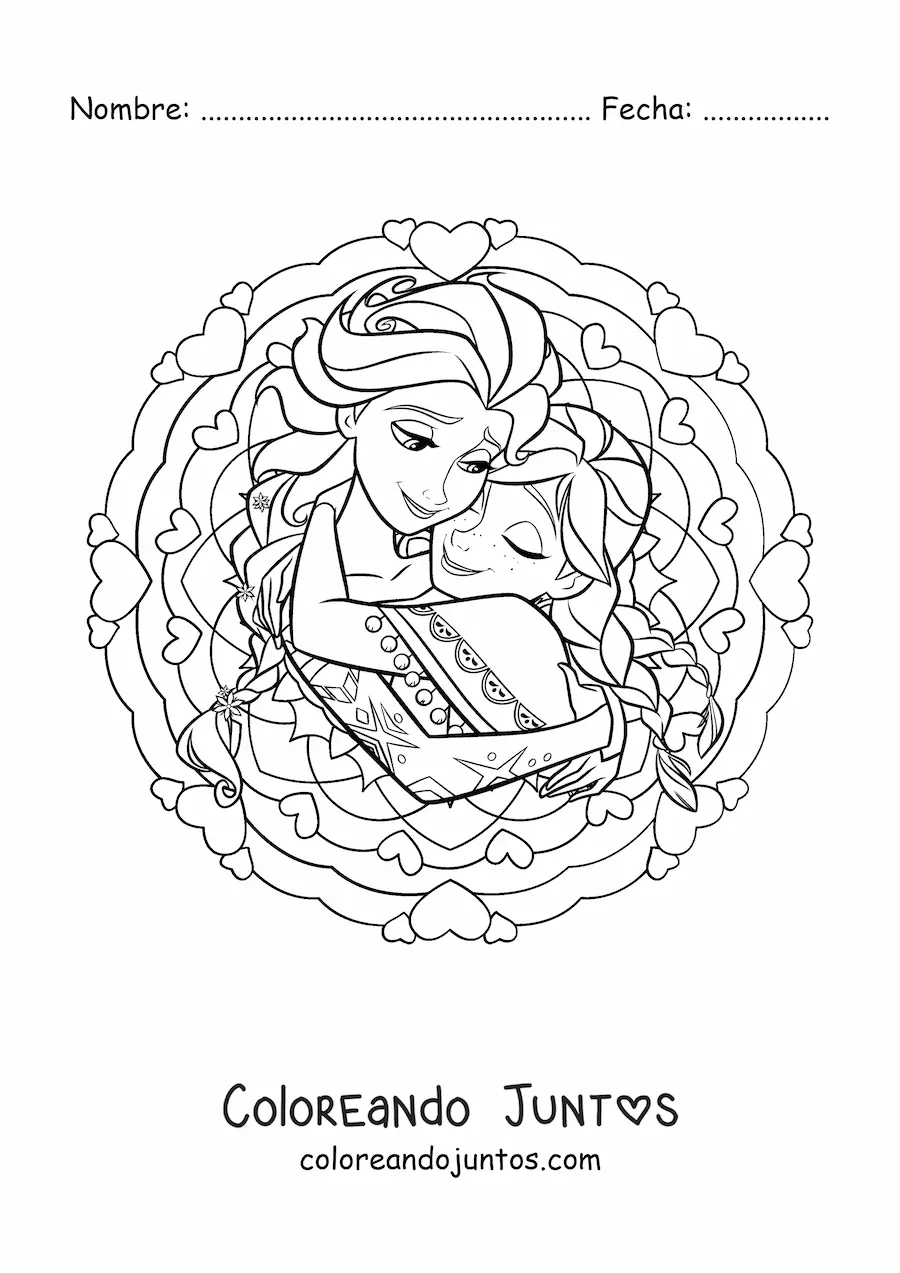 Imagen para colorear de mandala de las princesas Anna y Elsa de Disney