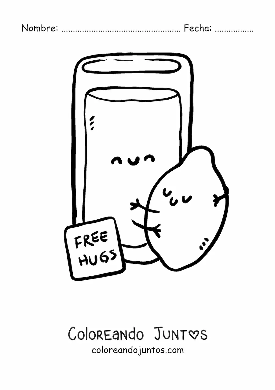 Imagen para colorear de una vaso con limonada animado abrazando un limón kawaii
