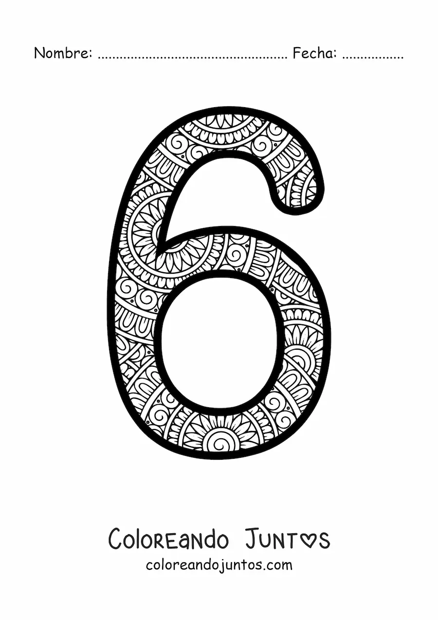 Imagen para colorear de mandala del número 6