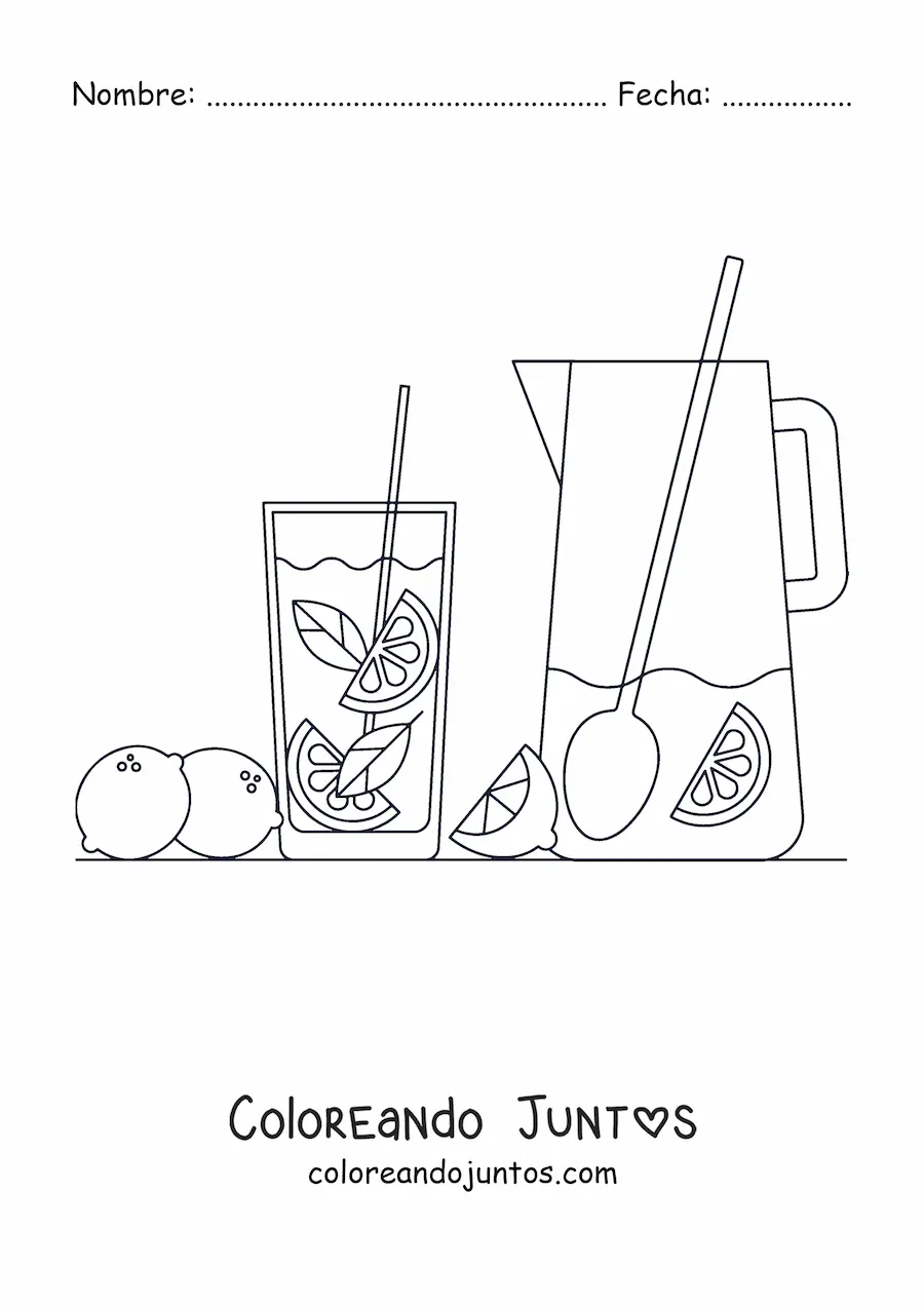 Imagen para colorear de una jarra y un vaso con limonada y limones