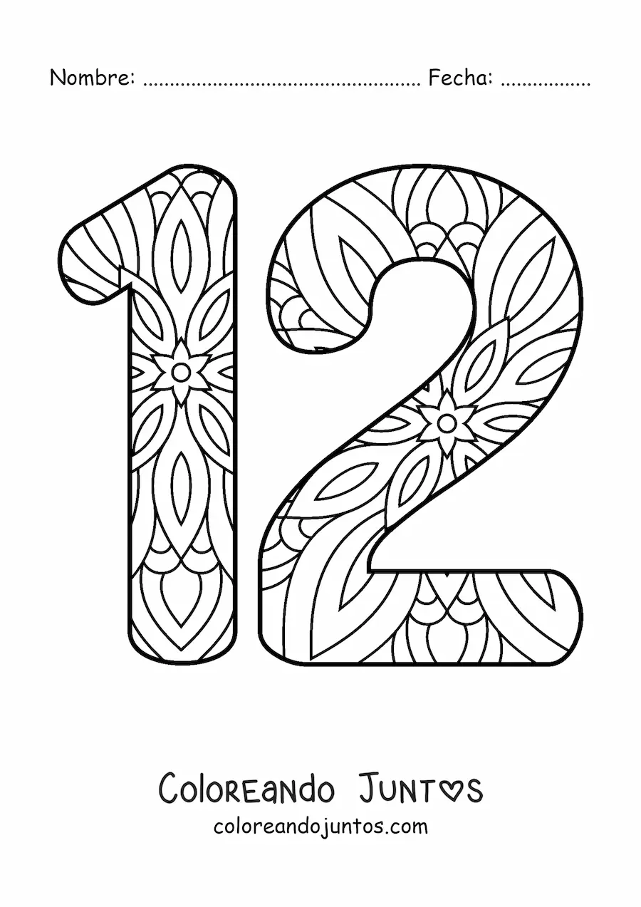 Imagen para colorear de mandala del número 12