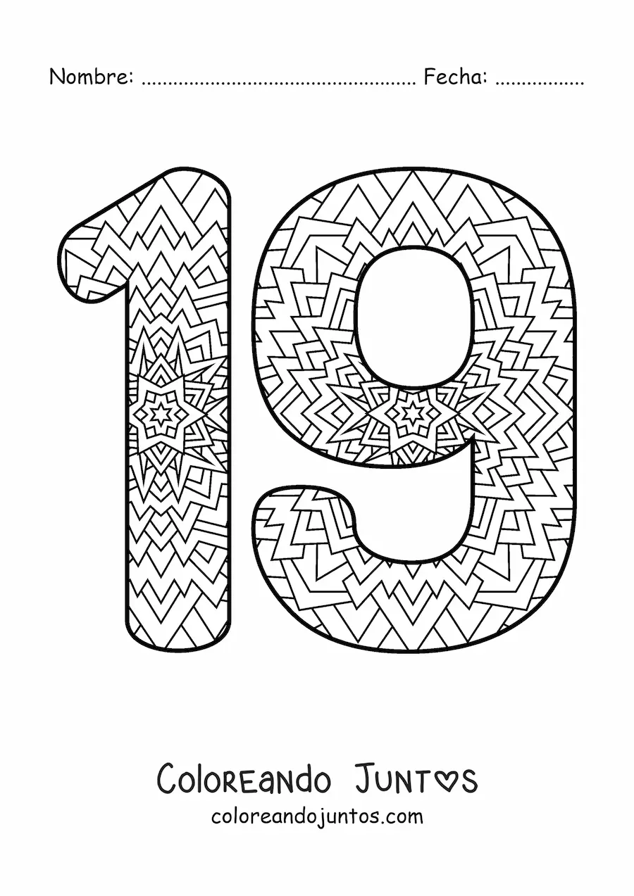 Imagen para colorear de mandala del número 19