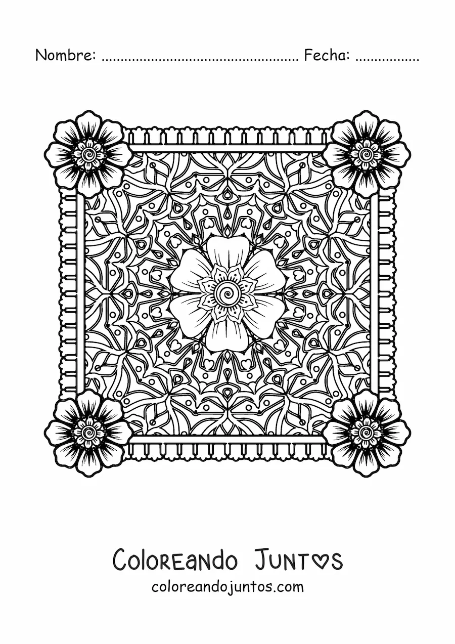 Imagen para colorear de mandala cuadrada con flores