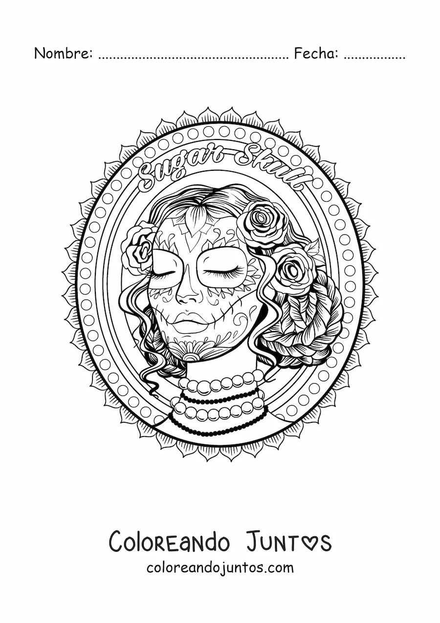 Imagen para colorear de hermosa catrina realista con fondo de mandala