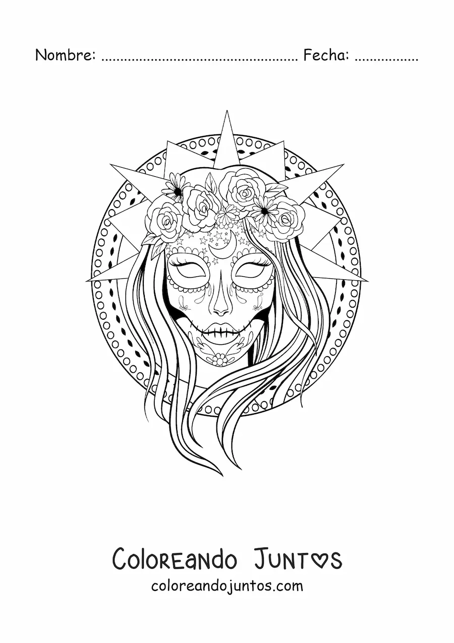 Imagen para colorear de hermosa catrina realista con fondo de mandala