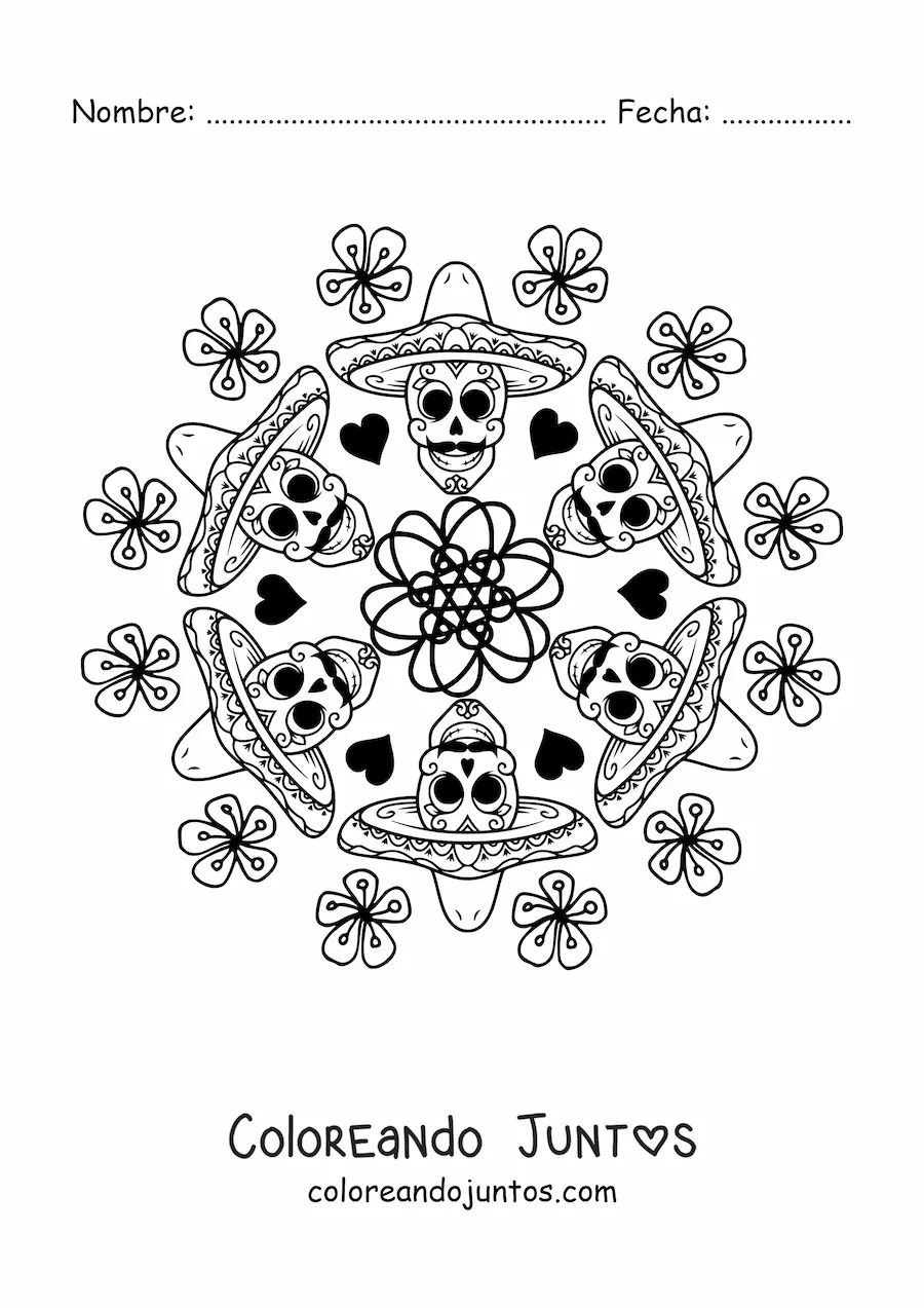 Imagen para colorear de mandala de calaveras mexicanas