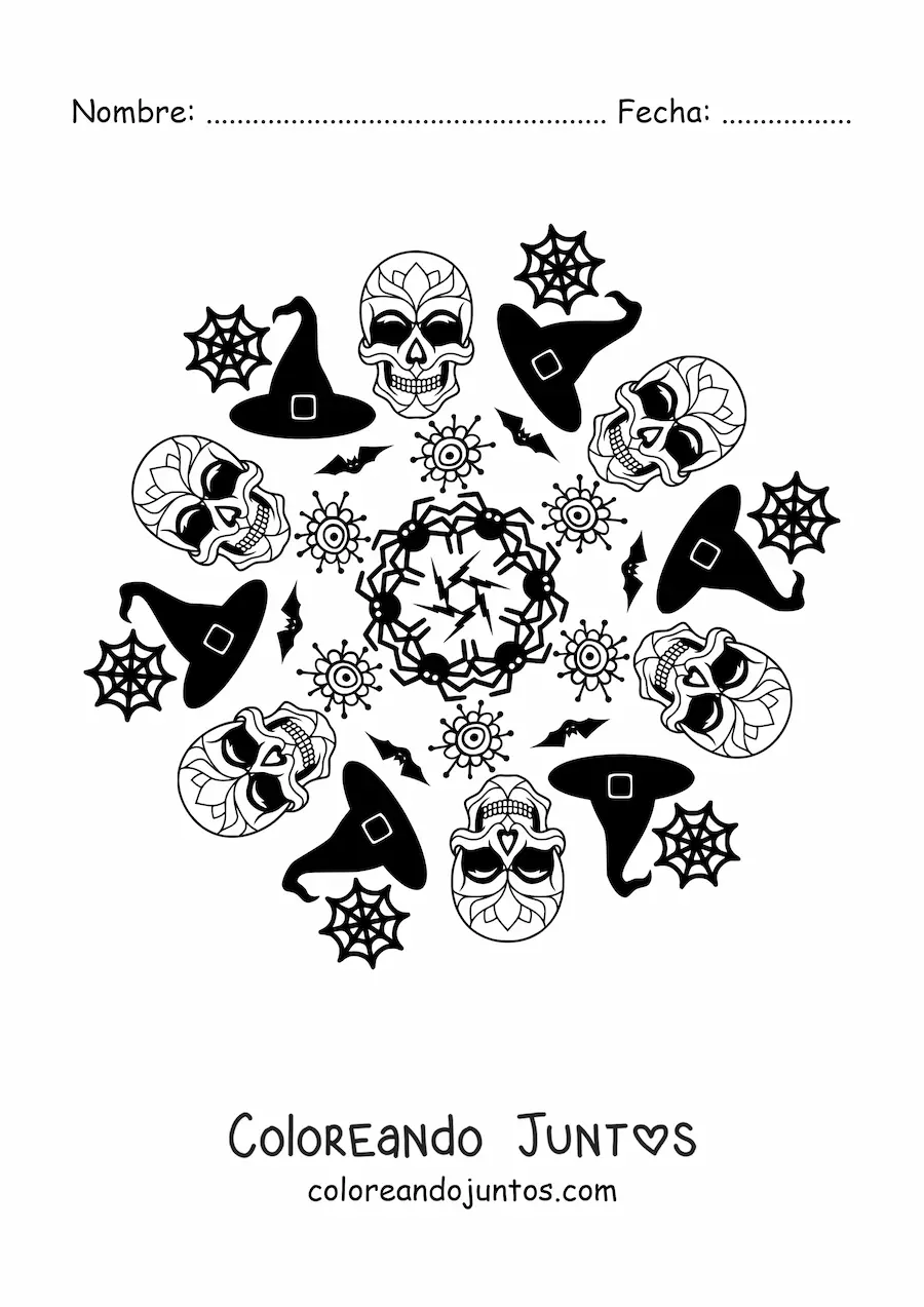 Imagen para colorear de mandala de calaveras de Halloween
