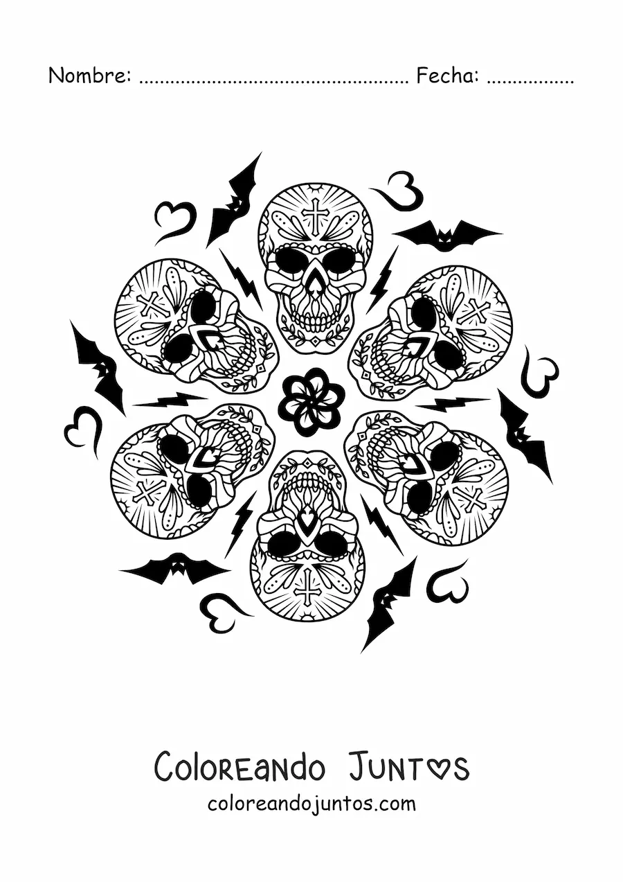 Imagen para colorear de mandala de calaveras de Halloween