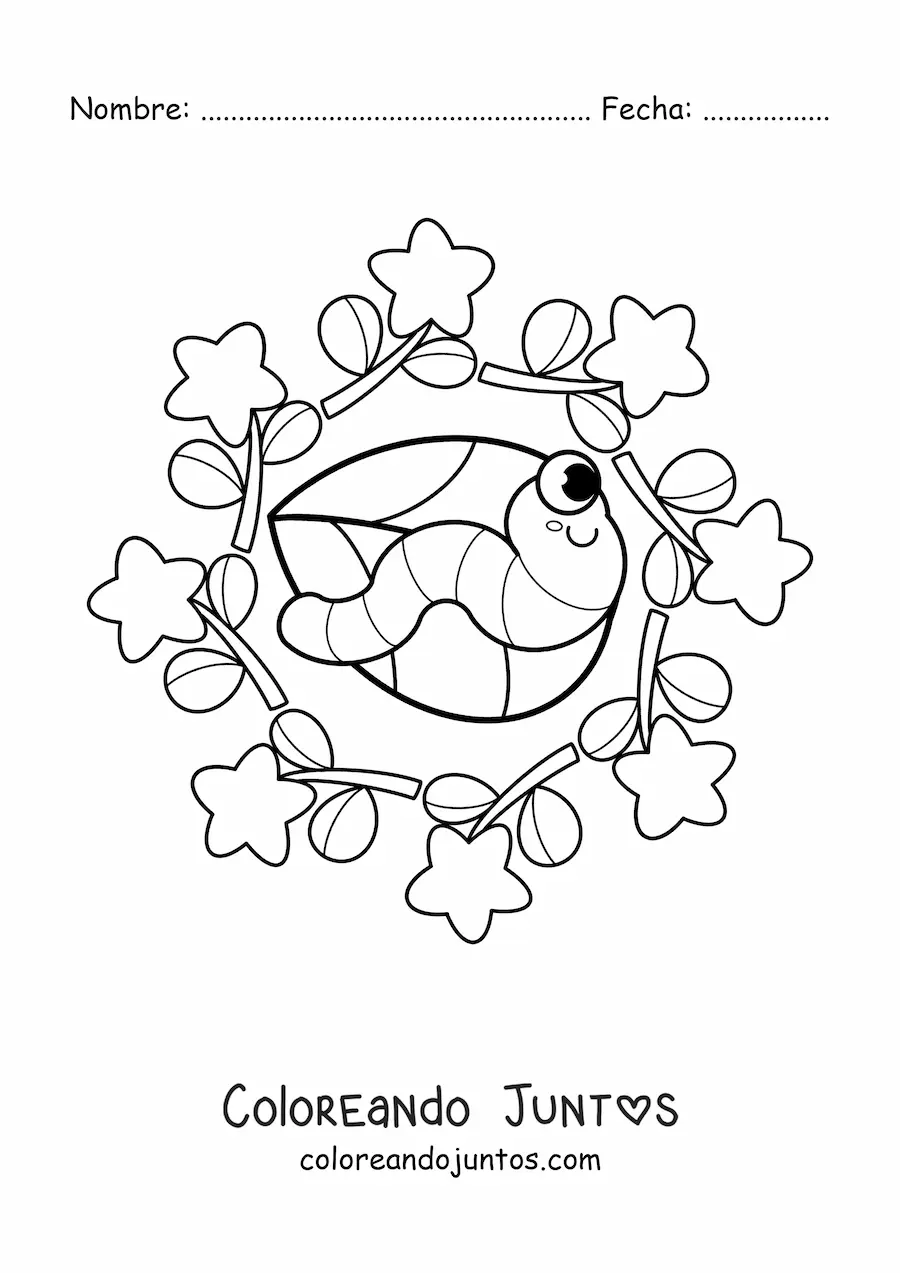 Imagen para colorear de mandala kawaii de oruga y flores