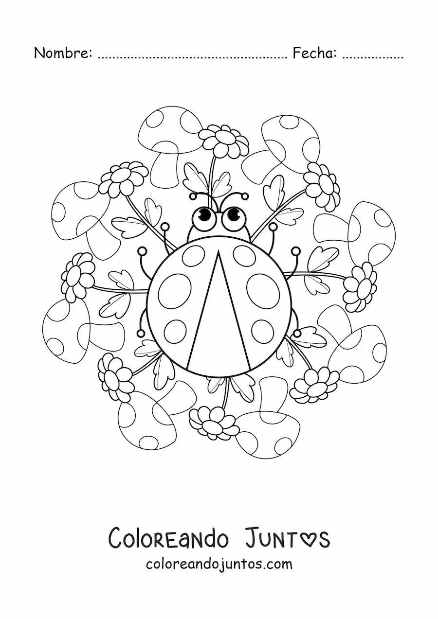 Imagen para colorear de mandala kawaii de mariquita con hongos y flores