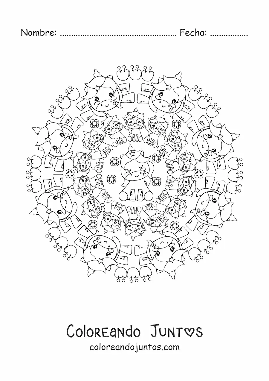 Imagen para colorear de mandala kawaii de unicornios