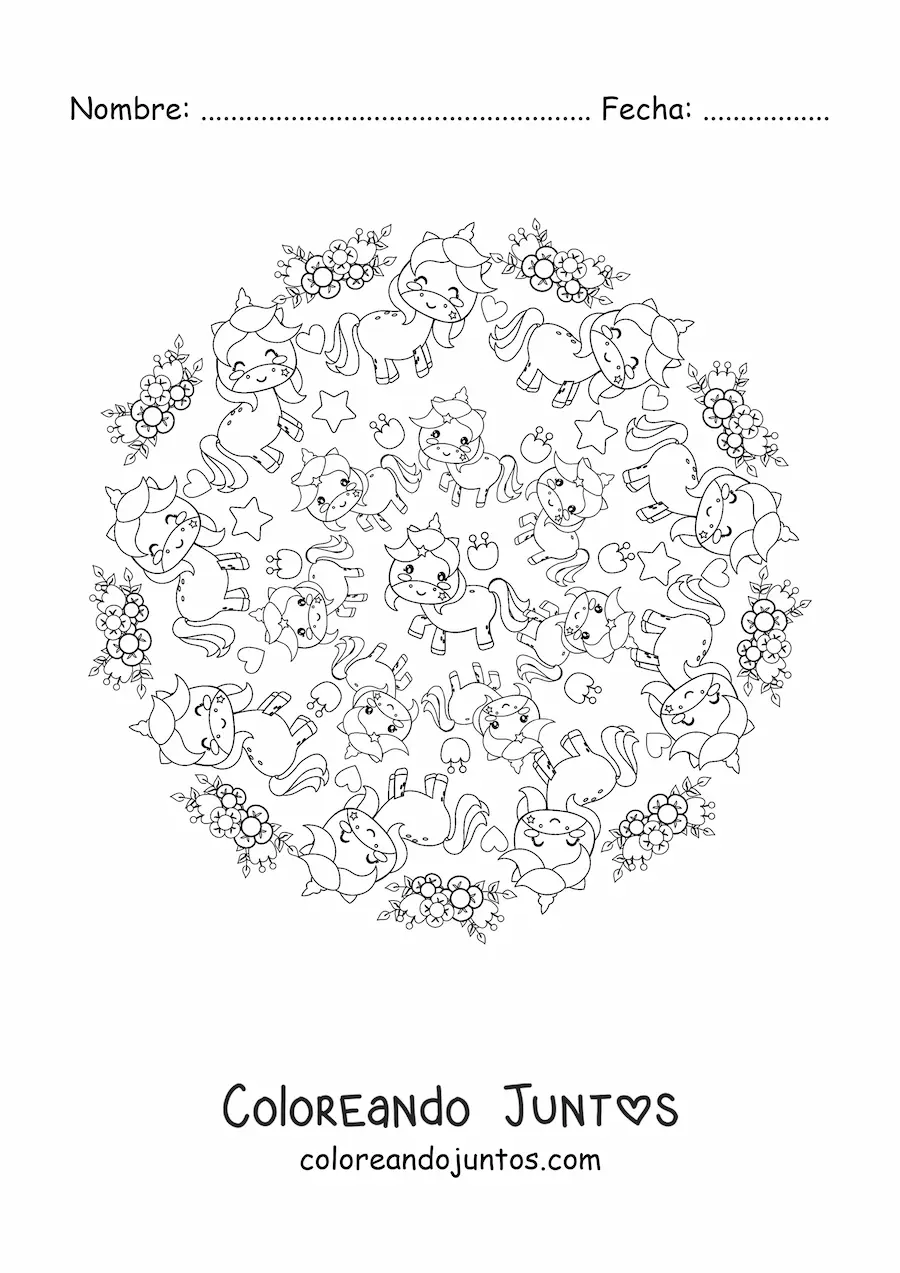Imagen para colorear de mandala kawaii de unicornios con flores y estrellas