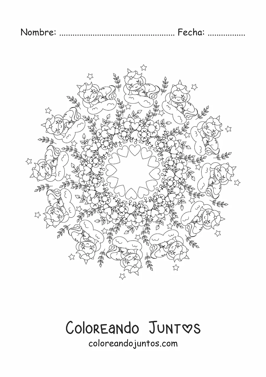 Imagen para colorear de mandala kawaii de unicornios con flores y corazones