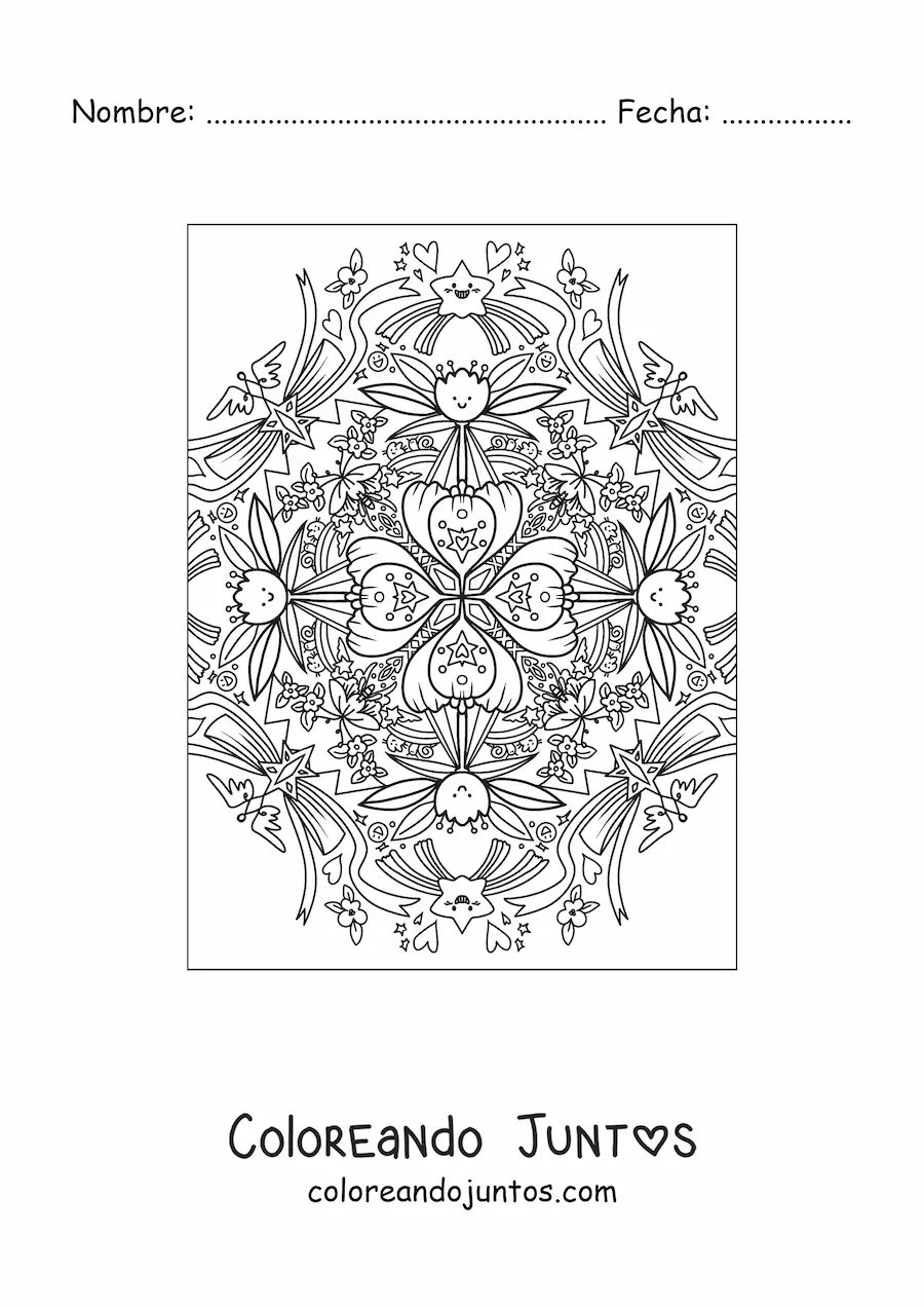 Imagen para colorear de mandala kawaii de flores y estrellas