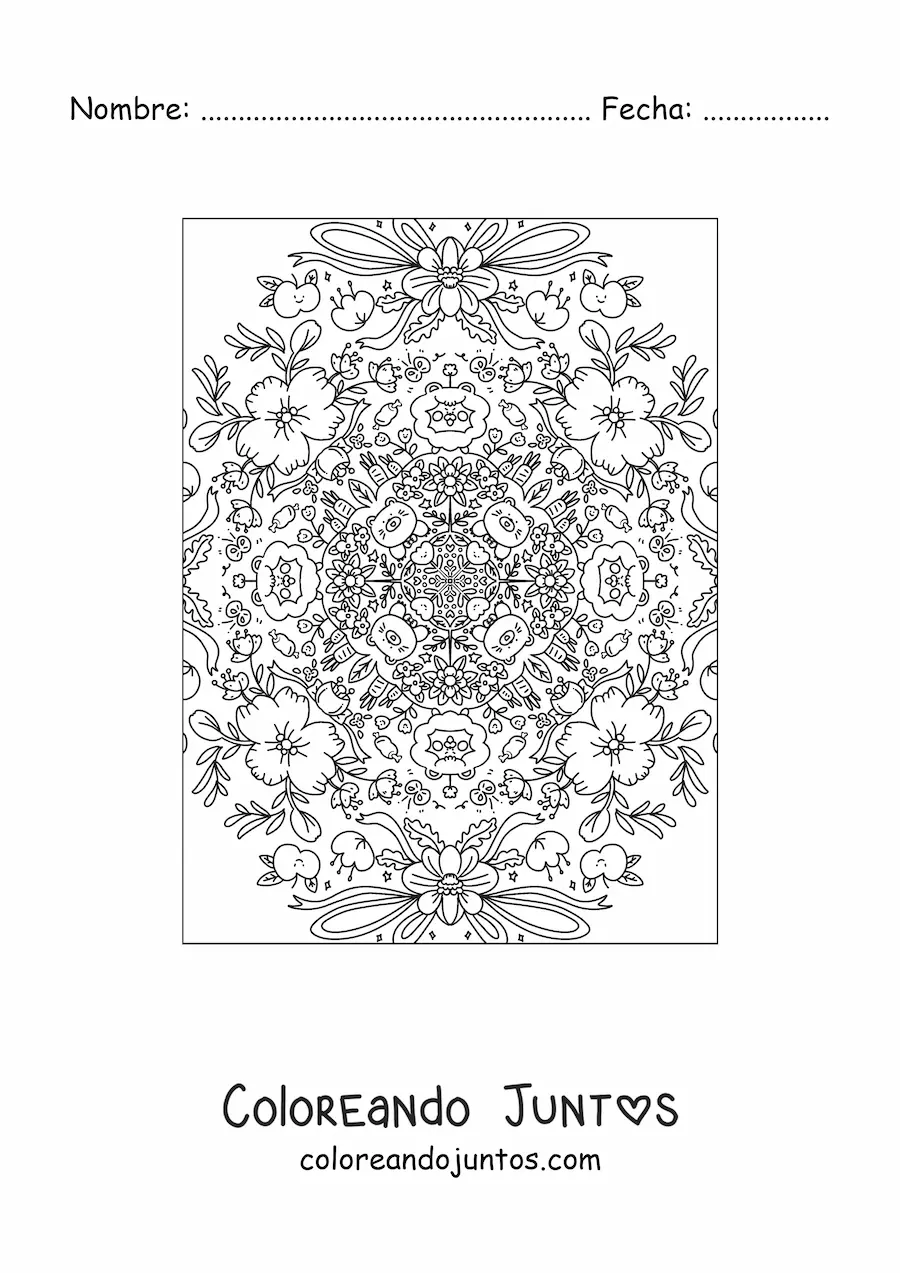 Imagen para colorear de mandala kawaii de flores y animales