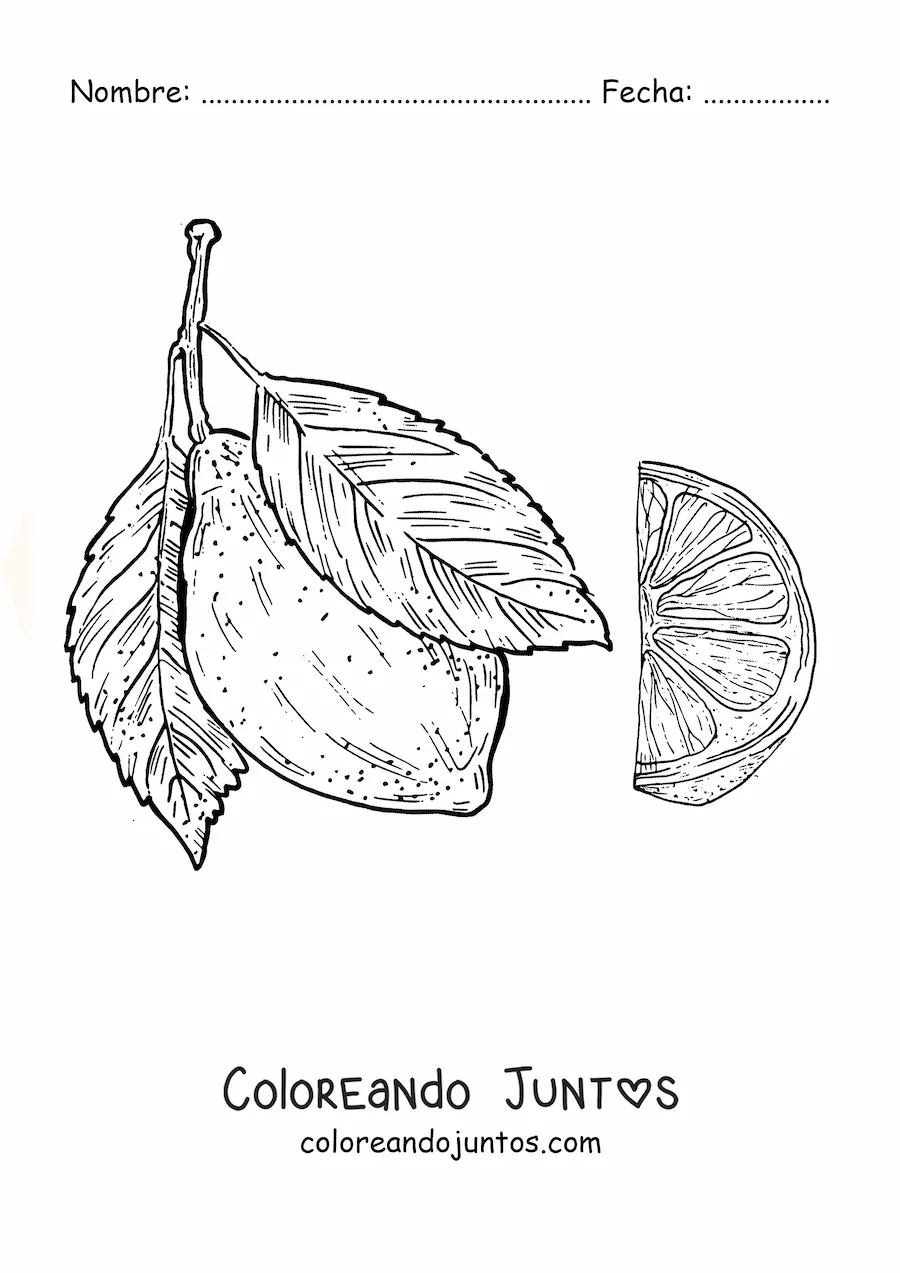 Imagen para colorear de un limón entero y un trozo de limón realista