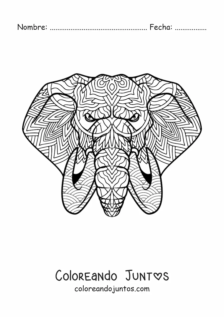 Imagen para colorear de mandala estilo Zentangle del rostro de un elefante