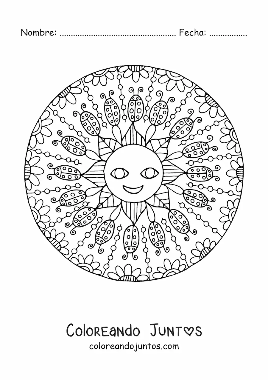 Imagen para colorear de mandala del Sol animado rodeado de mariquitas y flores