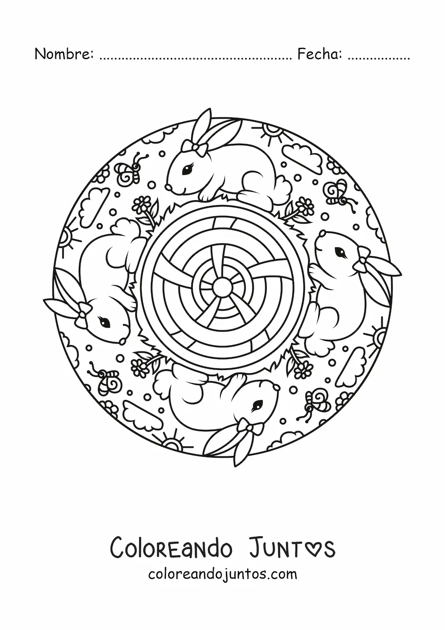 Imagen para colorear de mandala de conejos kawaii