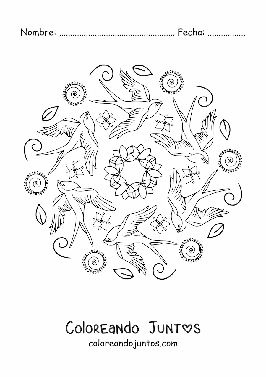 Imagen para colorear de mandala de aves volando y hojas