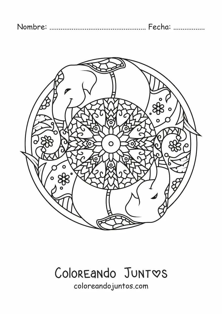 Imagen para colorear de mandala de elefantes