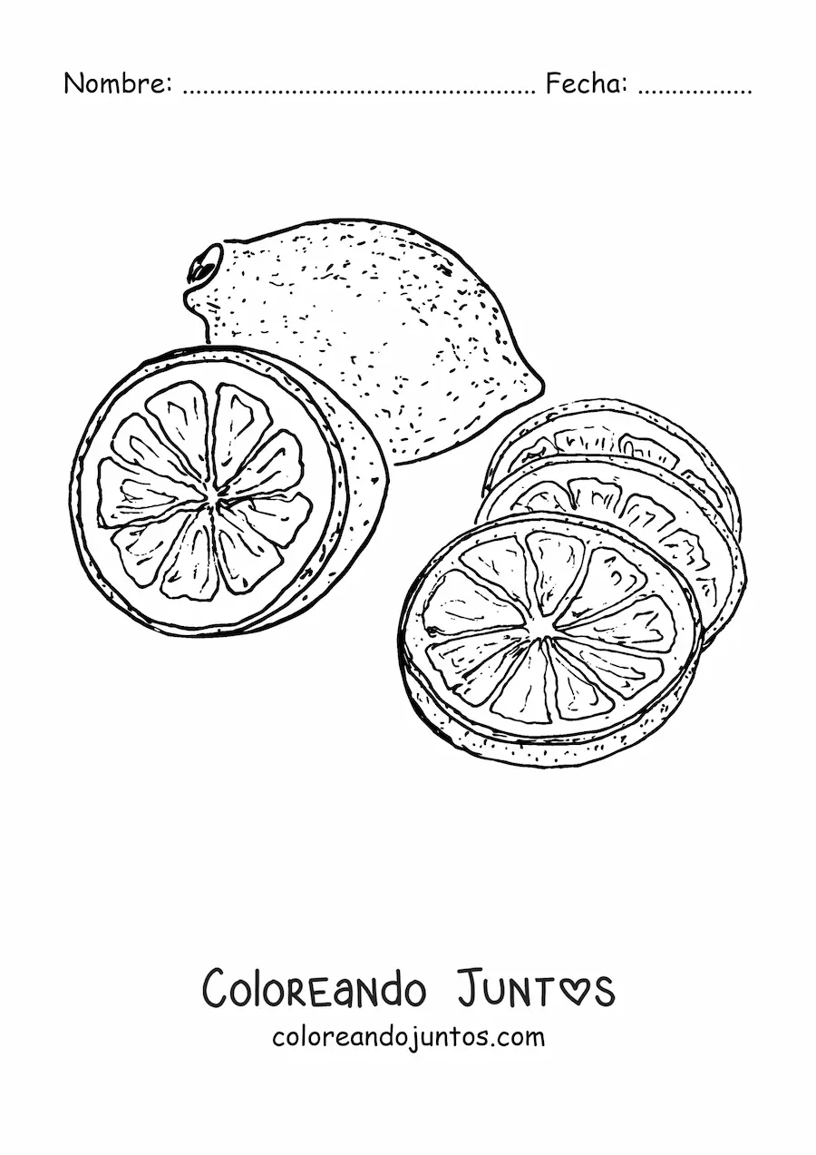 Imagen para colorear de un limón entero y varias rodajas de limón