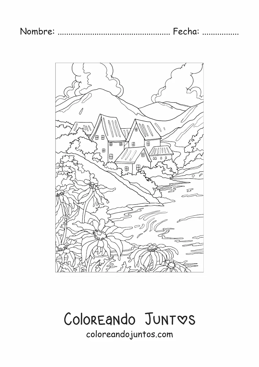 Imagen para colorear de paisaje de una casa en el campo