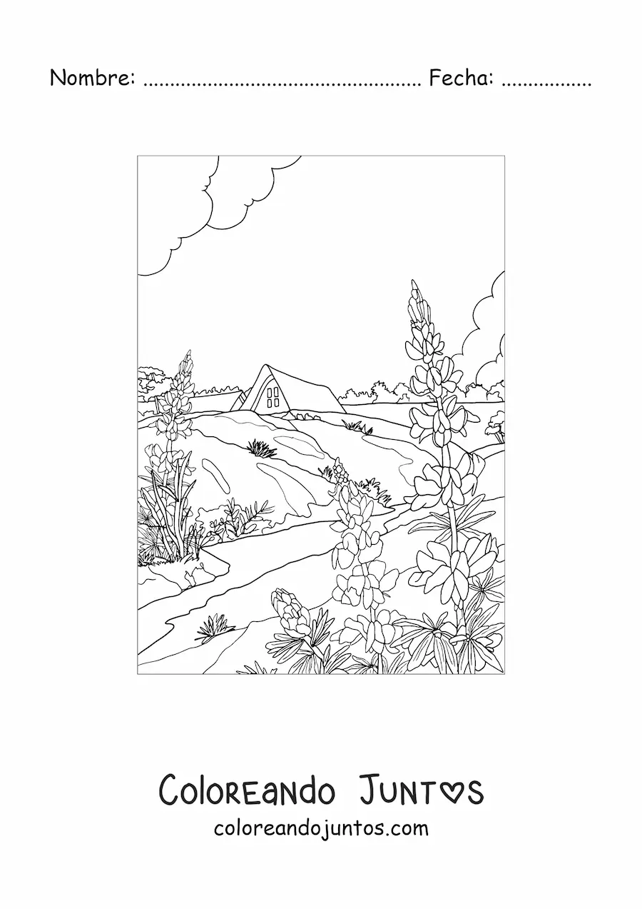 Imagen para colorear de paisaje de una casa en el campo