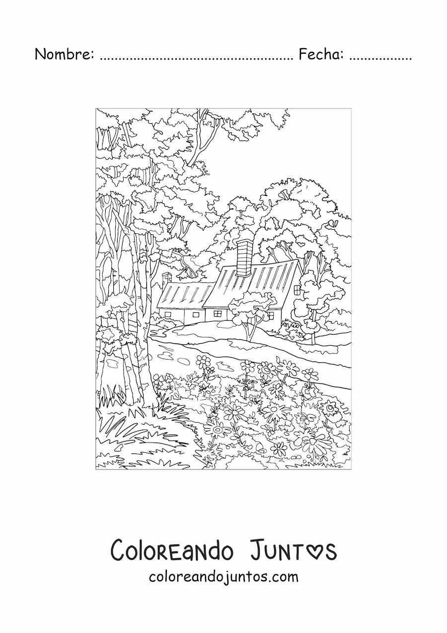 Imagen para colorear de paisaje de una casa en el campo
