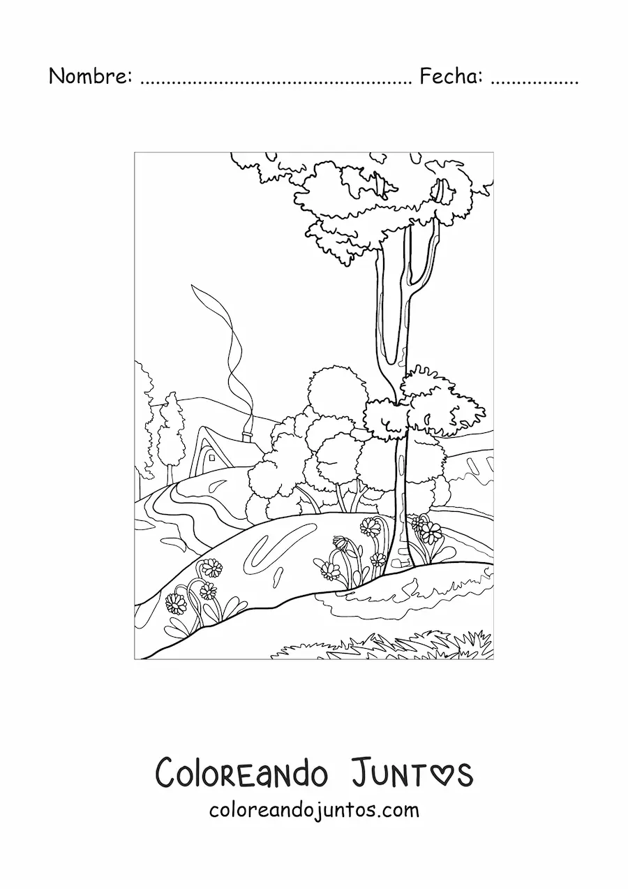 Imagen para colorear de paisaje de una casa en el campo